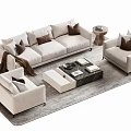 Elegant Beige Sofa Coffee Table Combination With Decorative Pillows And Side Tables On Gray Rug