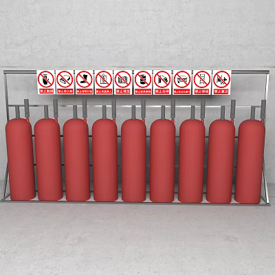 Red Fire Extinguishers Neatly Arranged on Metal Rack With Prohibition Signs 3d model