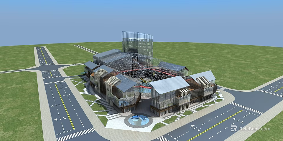Modern Commercial Complex With Glass Facade Central Fountain Green Lawns And Accessible Roads 3d model 