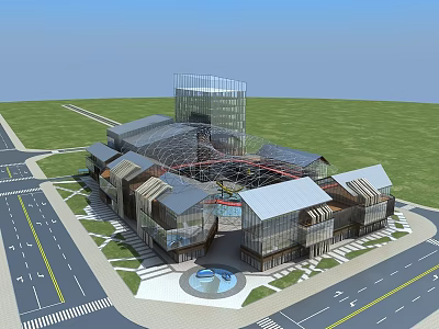 Modern Commercial Complex With Glass Facade Central Fountain Green Lawns And Accessible Roads 3d model