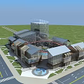 Modern Commercial Complex With Glass Facade Central Fountain Green Lawns And Accessible Roads