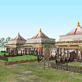 Traditional Style Camping Site With Golden Top Tents Grassland And Wooden Fence