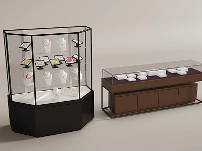 Jewelry Display Cases Hexagonal Glass Showcase And Long Counter With Jewelry Accessories And Display Mannequins 3d model