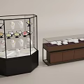 Jewelry Display Cases Hexagonal Glass Showcase And Long Counter With Jewelry Accessories And Display Mannequins