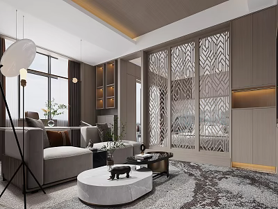 Modern Hotel Guest Room Interior With Sofa Coffee Table Decorative Partition And Area Rug 3d model