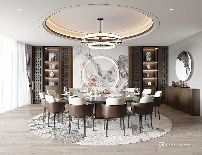 Chinese Style Private Dining Box With Round Dining Table Chandelier Landscape Painting And Bookshelves Cabinets 3d model 