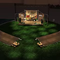 Outdoor Festival Stage Design With String Lights Decorative Panels And Lawn Under Sunset Sky