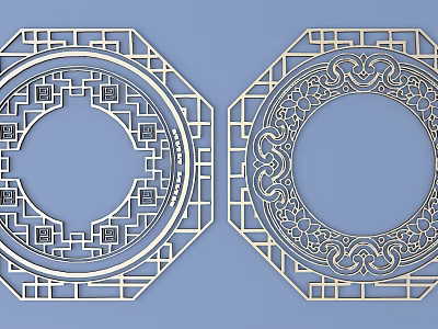 Traditional Chinese Lattice Windows With Ornate Circular And Geometric Patterns 3d model