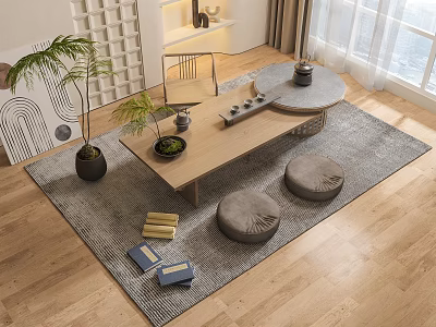 Wooden Tea Table And Chairs In Minimalist Style With Gray Cushions Green Plant And Rug 3d model