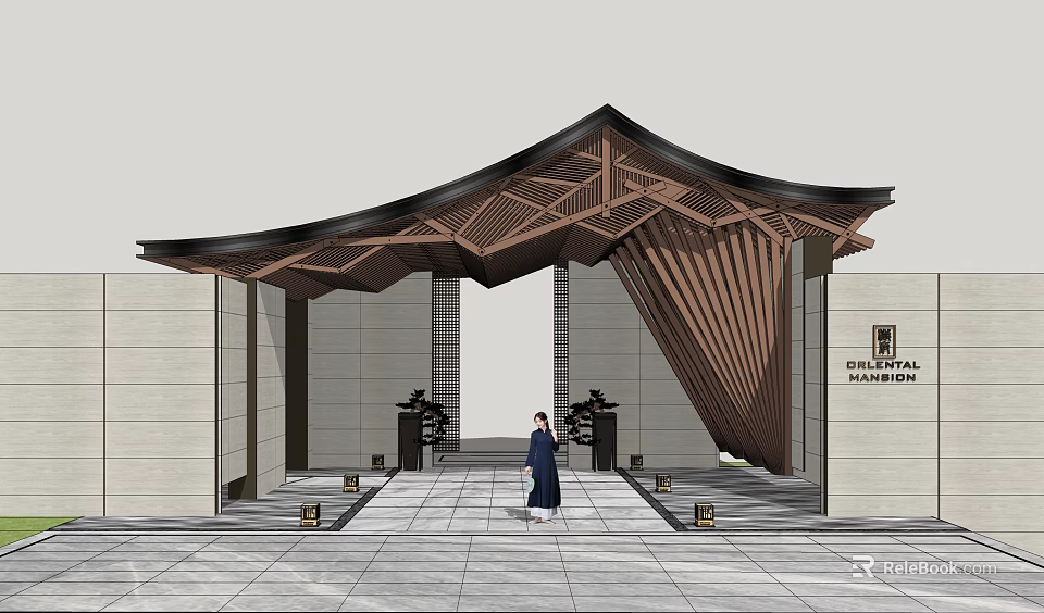 Modern Chinese Entrance Gate With Cantilevered Wooden Roof And Stone Paved Pathway 3d model 