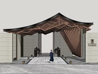 Modern Chinese Entrance Gate With Cantilevered Wooden Roof And Stone Paved Pathway 3d model