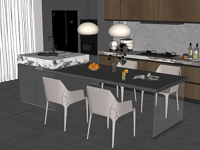 Modern Kitchen Interior With Dining Table White Chairs And Hanging Lights 3d model