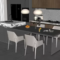 Modern Kitchen Interior With Dining Table White Chairs And Hanging Lights