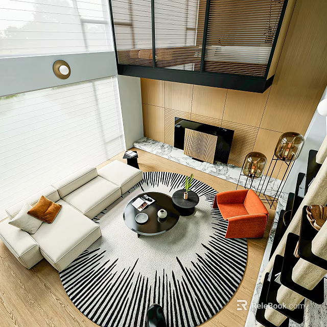 Modern Duplex Living Room With Light Colored Sofa Round Coffee Table Patterned Rug And Fireplace 3d model 