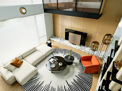 Modern Duplex Living Room With Light Colored Sofa Round Coffee Table Patterned Rug And Fireplace 3d model