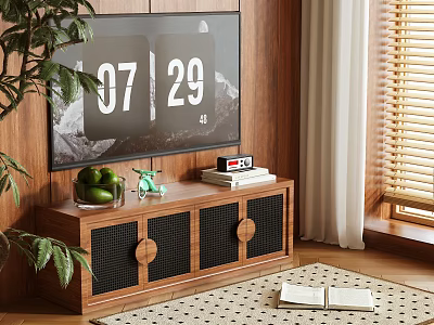 Wooden TV Stand With Black Mesh Doors Round Handles And Decorative Items Plants 3d model