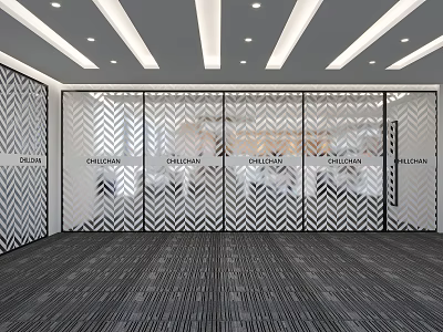 Modern Public Office Space With Glass Partitions Chevron Patterns And Ceiling Lighting 3d model