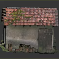 Cartoon Style Dilapidated Cottage With Red Tile Roof Broken Windows Weeds And Moss