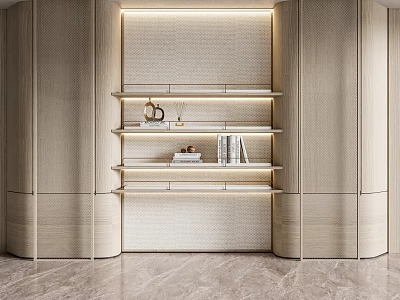 Modern Wooden Shelving Unit with LED Lighting and Decorative Items Books Vase in Contemporary Room 3d model