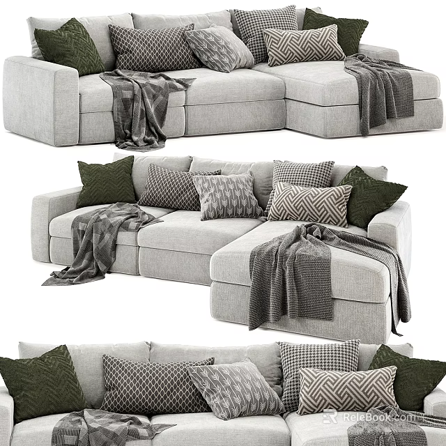Modern Light Gray Sectional Sofa Set With Decorative Pillows And Cozy Throw Blankets 3d model