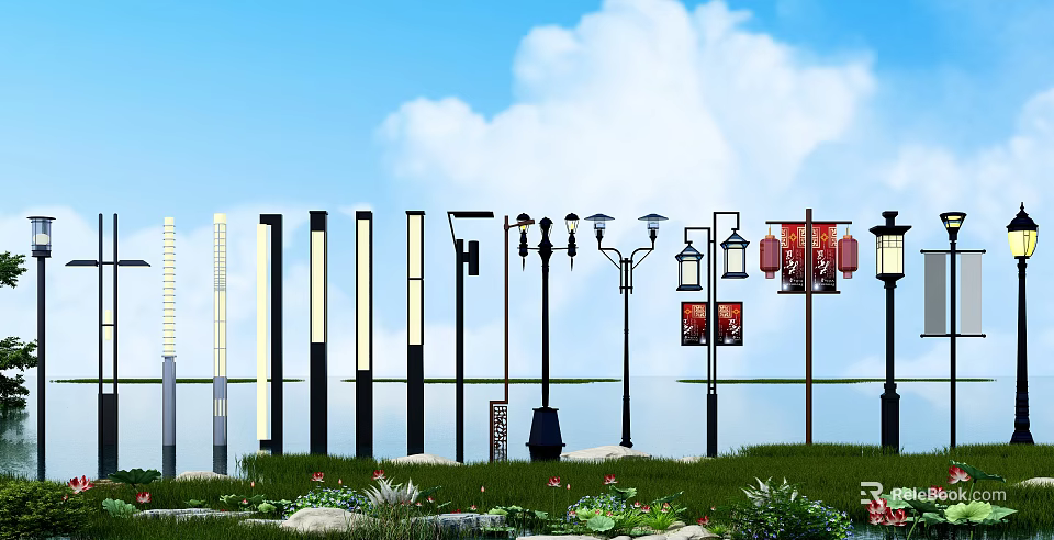 Outdoor Lights With Various Modern Column Designs Classic Lanterns And Grassy Garden Setting 3d model