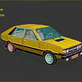 Yellow Classic Sedan With Blue Windows And Black Trim On Reflective Surface
