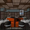 Elegant Restaurant Interior With Dining Tables Gray Chairs Pendant Lights And Table Settings