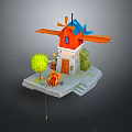Scenic Miniature Landscape with Red Windmill Small Cabin Green Tree Blue Boat and Fishing Rod
