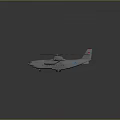 Airplane With Four Blue Propellers Large Fuselage And Red Logo On Tail In Gray Background