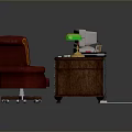 Wooden Office Desk With Vintage Computer Green Lamp Red Chair And Drawers