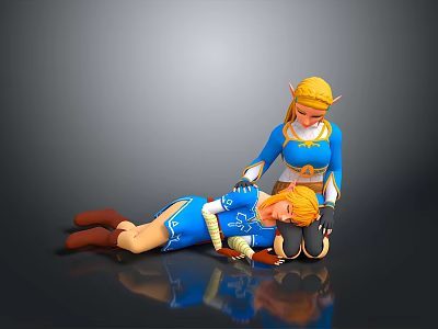 Blue Clad Golden Haired Characters Scene With Standing Supporting Prone Figure On Reflective Surface 3d model