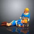 Blue Clad Golden Haired Characters Scene With Standing Supporting Prone Figure On Reflective Surface