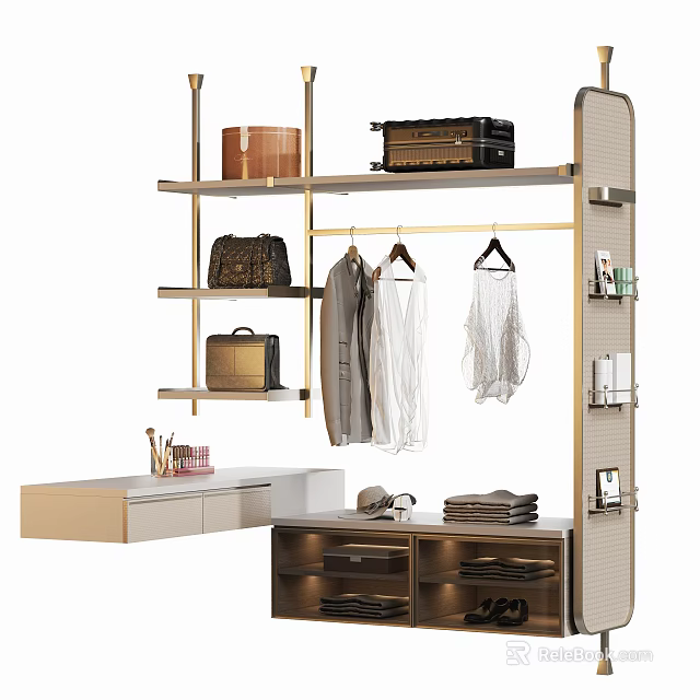 Modern Wardrobe Interior Design With Hanging Rods Shelves Drawers And Organized Clothes Bags Luggage 3d model 