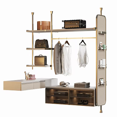 Modern Wardrobe Interior Design With Hanging Rods Shelves Drawers And Organized Clothes Bags Luggage 3d model