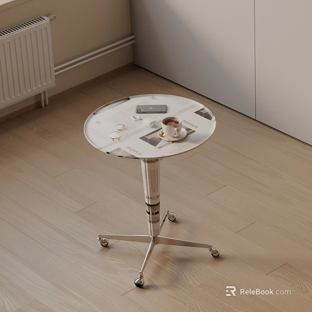Modern Round Bedside Table with Metal Base and Wheels Holding Coffee Cup and Mobile Phone 3d model 