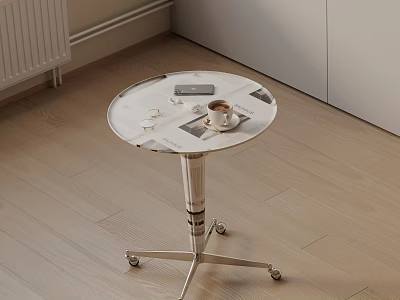 Modern Round Bedside Table with Metal Base and Wheels Holding Coffee Cup and Mobile Phone 3d model