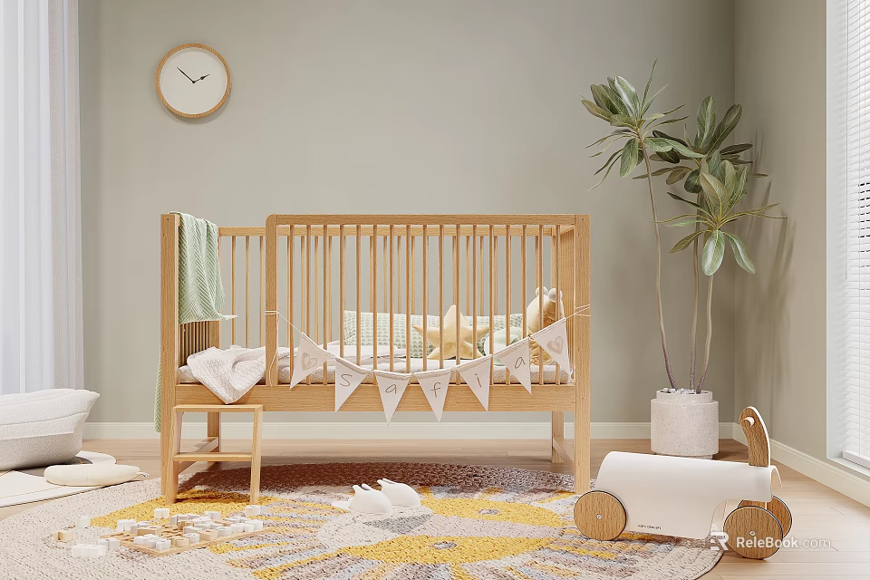 Wooden Baby Crib In Cozy Nursery With Decorations 3d model 