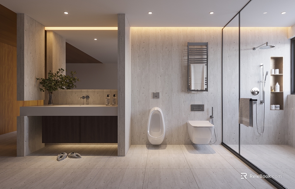 Modern Minimalist Bathroom Interior With Vanity Toilet And Glass Shower Enclosure 3d model 