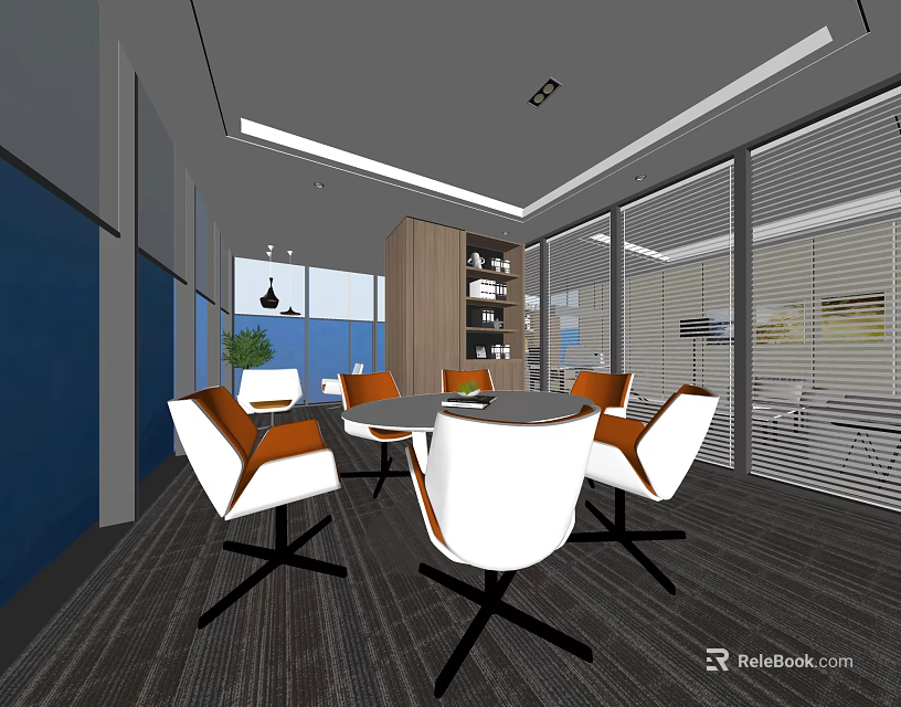 Casual Lounge Area with Round Table White Orange Chairs Wooden Shelf and Large Windows 3d model 