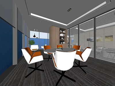 Casual Lounge Area with Round Table White Orange Chairs Wooden Shelf and Large Windows 3d model