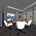 Casual Lounge Area with Round Table White Orange Chairs Wooden Shelf and Large Windows