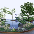 Modern Tree Planters With Green Plants And Water Fountain In Landscaped Pathway