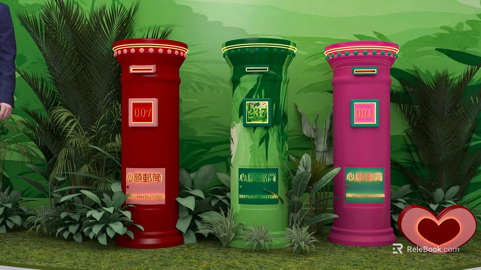 Three Colorful Mailboxes With Green Plants Natural Backdrop Popular Photo Check-in Spot 3d model 