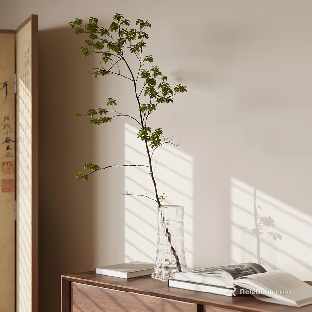 Aquatic Plant Branch in Clear Glass Vase with Green Leaves Light Wall and Sunlight Shadows 3d model 