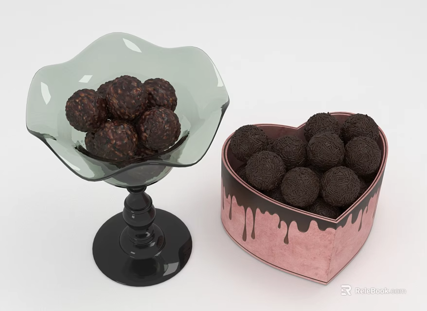 Delicious Chocolate Truffles in Glass Bowl and Heart Shaped Pink Box 3d model 