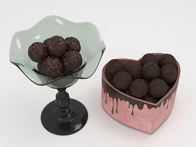 Delicious Chocolate Truffles in Glass Bowl and Heart Shaped Pink Box 3d model