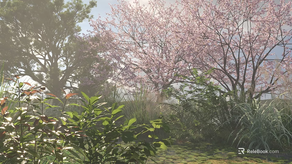 Lush Green Shrubs Surrounded by Pink Flowering Trees in Sunlit Natural Garden 3d model 