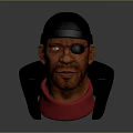 3D Character Head Model With Black Cap Eye Patch And Red Turtleneck