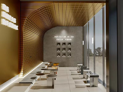 Fashionable Milk Tea Shop Interior With Arched Wooden Ceiling Brick Wall And Cozy Tables 3d model