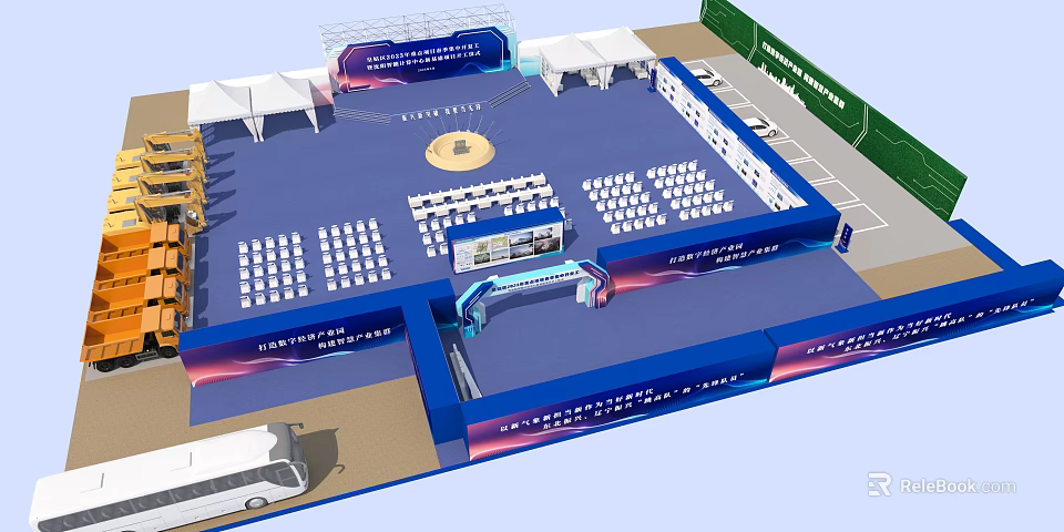 Large Event Venue Layout With Blue Theme Stage Seating Booths And Entrance Arch 3d model 